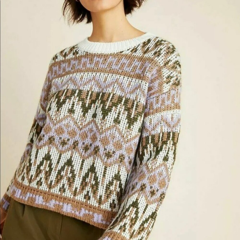 NWT Anthropologie Lilac Purple Khaki Olive Green Taupe Fair Isle Knit Sweater L